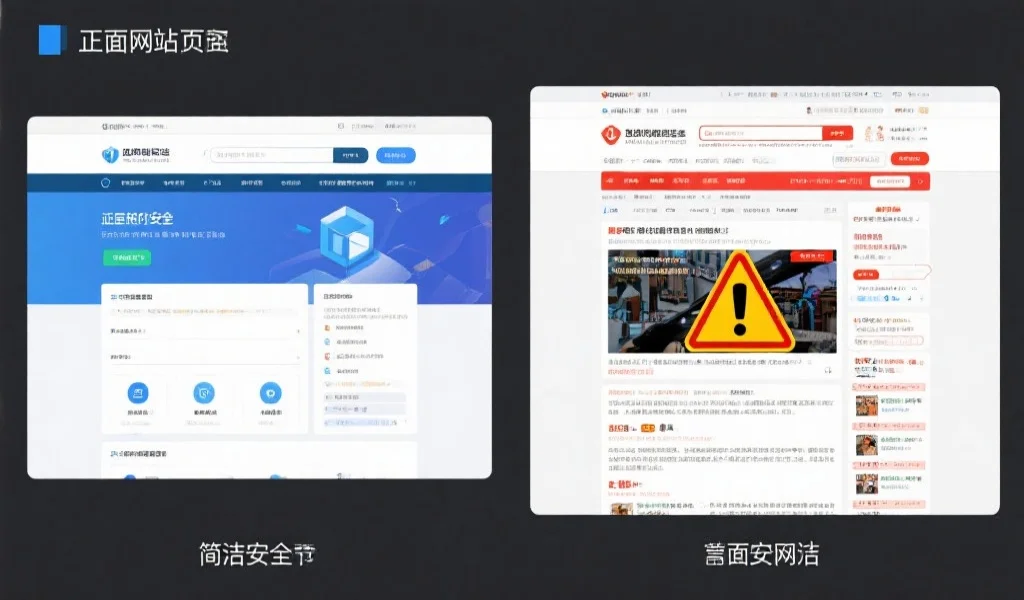 一组对比画面，左侧为正规网站界面整洁安全，右侧为假冒网站界面杂乱、存在安全警告标志